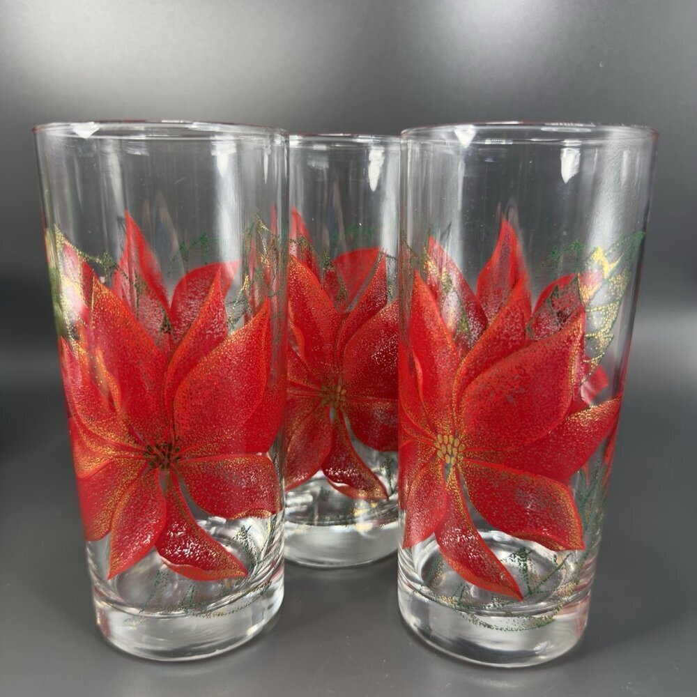 Culver Poinsettia Highball Glasses Tumbler Set 3 Vintage Barware‎ Glasses Marked